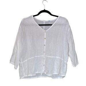 SIGRID OLSEN White Linen Cropped Button Front Blouse M